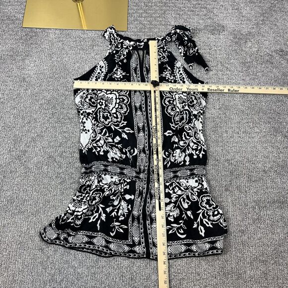 White House Black Market Top Womens Medium Black Silk Floral Boho Whimsigoth - Picture 6 of 7